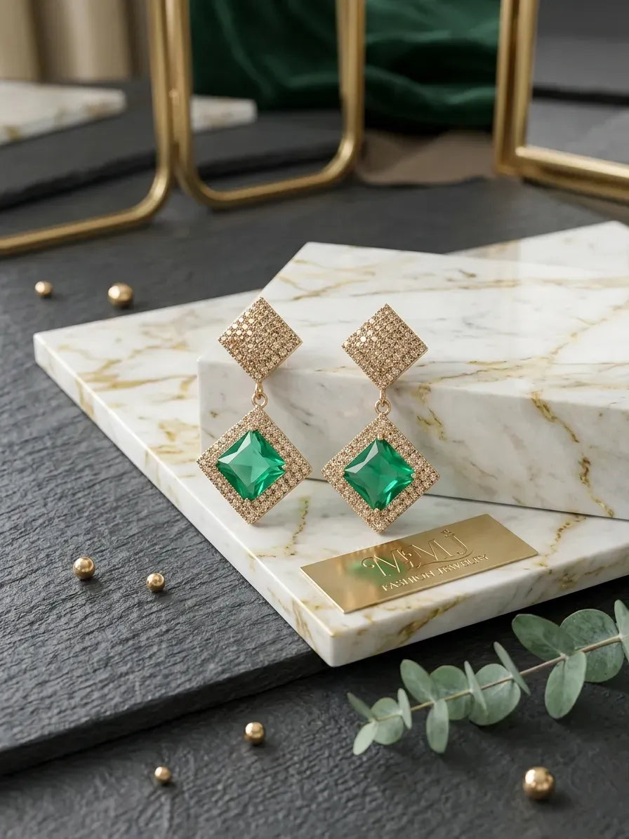 Green Gemstone Earrings Set for Women