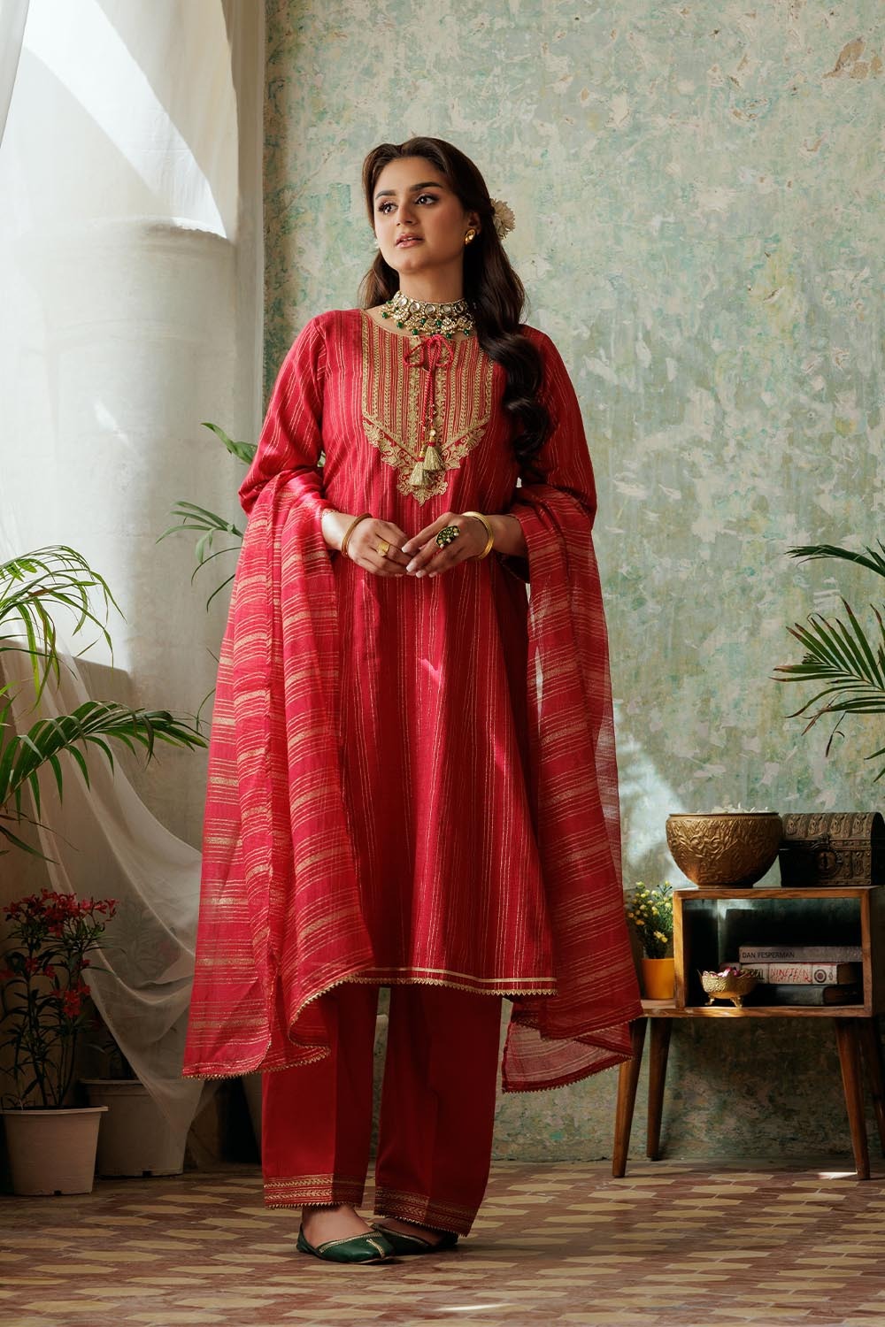 Red & Gold | Casual Plus 3 Piece Suit | Cotton Dobby